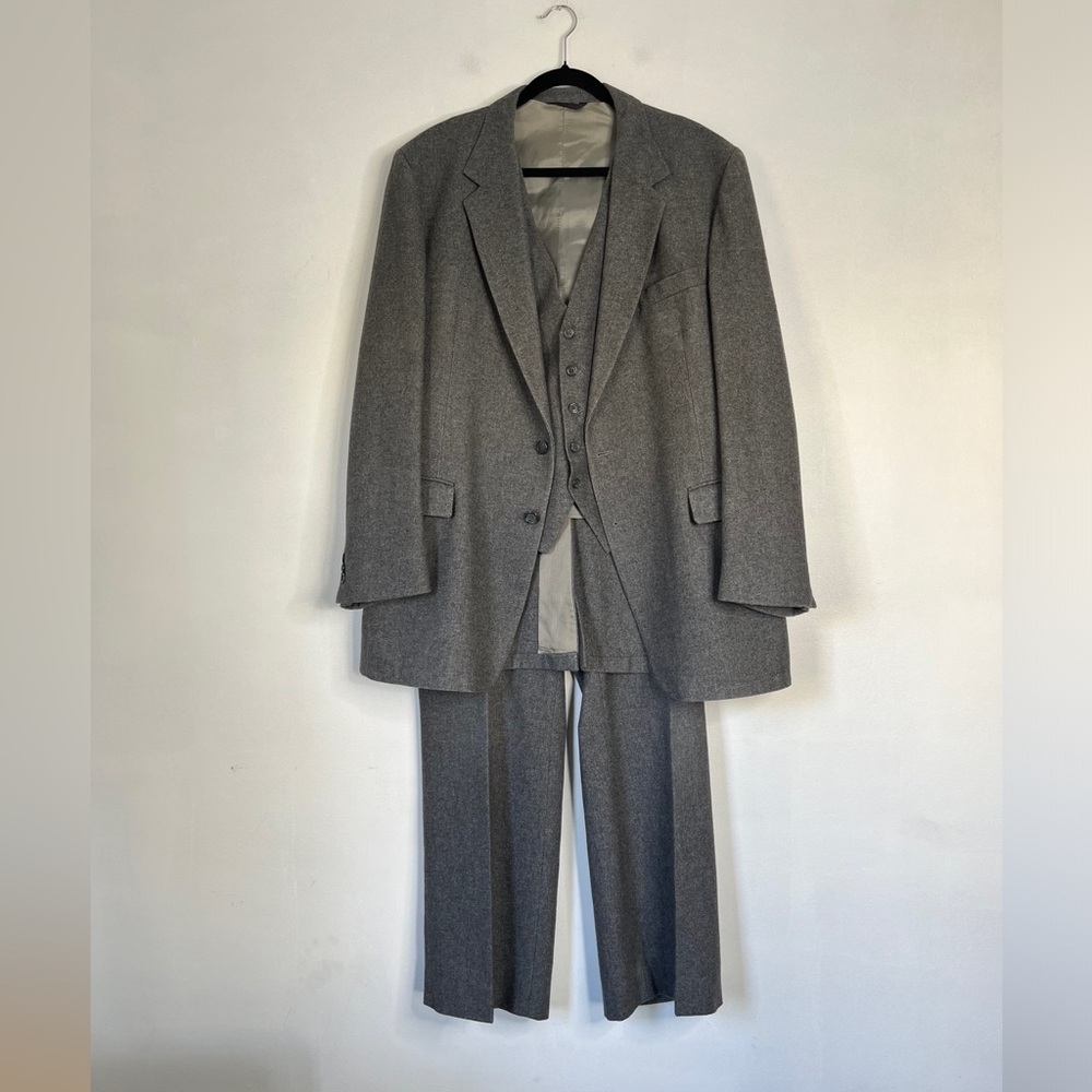 JCPenney Vintage 3 Piece Gray Wool Suit 2 Button Flat Front Size 46R